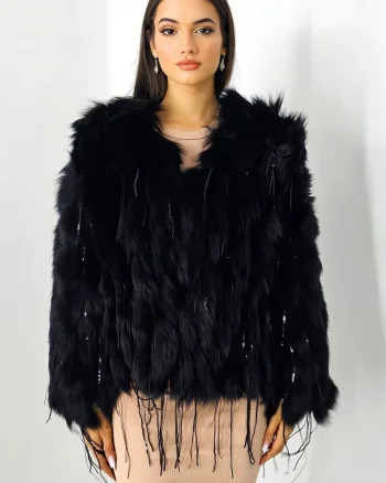 Haina eleganta Aylin, din blana naturala de vulpe, cu paiete asimetrice, Negru, Marime S/M/L