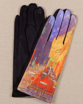 Manusi dama, textil cu imprimeu inspirat din pictura celebra    Cafeneaua   de Van Gogh