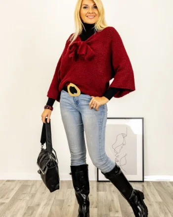 Pulover reversibil bordo, oversize cu funda si maneca fluture