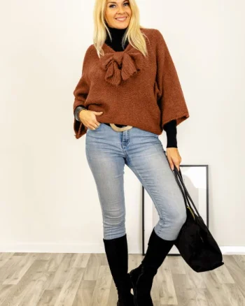 Pulover reversibil caramiziu, oversize cu funda si maneca fluture