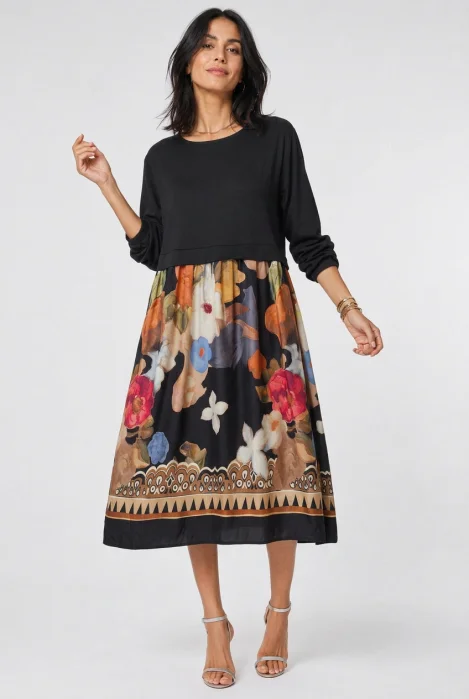 Rochie midi dama din jerseu si satin de matase cu imprimeu floral de toamna