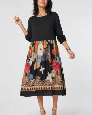 Rochie midi dama din jerseu si satin de matase cu imprimeu floral de toamna
