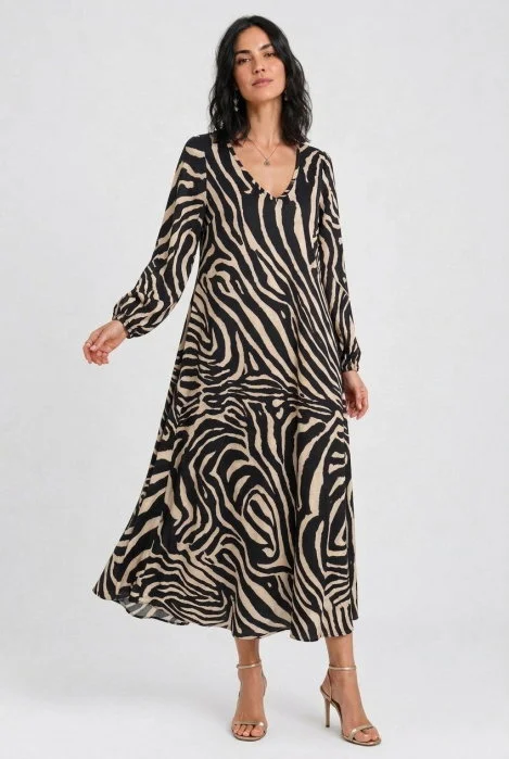 Rochie maxi din vascoza mata cu imprimeu zebra, negru-bej