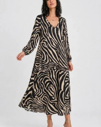 Rochie maxi din vascoza mata cu imprimeu zebra, negru-bej