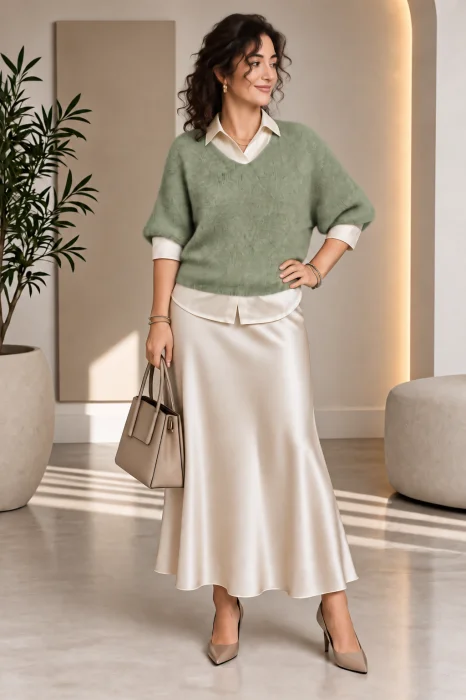 Pulover pufos cu alpaca, oversize cu maneca fluture, verde salvie