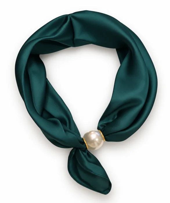 Esarfa colier satinata cu perla decorativa si inchidere magnetica, verde inchis