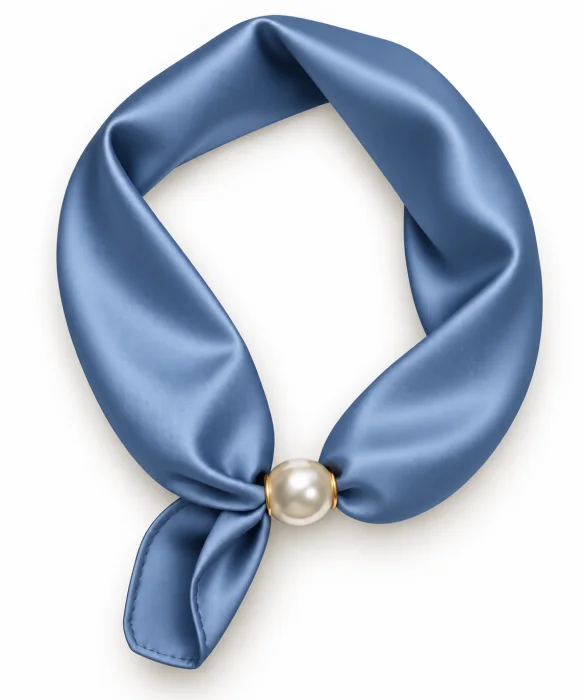 Esarfa colier satinata cu perla decorativa si inchidere magnetica, albastru jeans