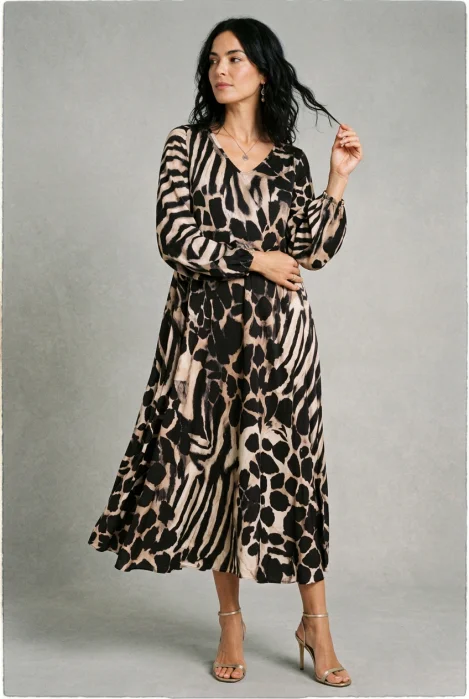 Rochie maxi din vascoza mata cu imprimeu animal print mixt, negru maro