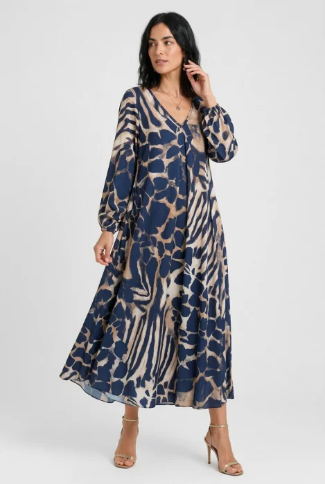 Rochie lunga din vascoza mata cu imprimeu animal print mixt, bleumarin bej