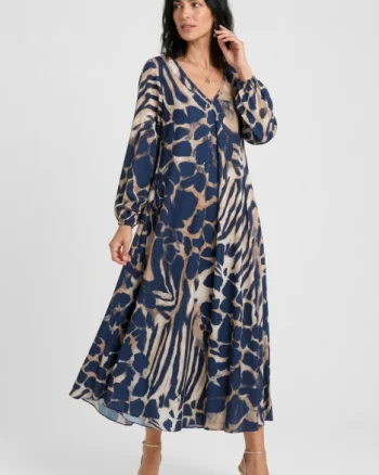 Rochie lunga din vascoza mata cu imprimeu animal print mixt, bleumarin bej