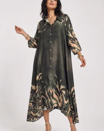 Rochie maxi tip camasa din vascoza cu imprimeu animal print si croi lejer, kaki