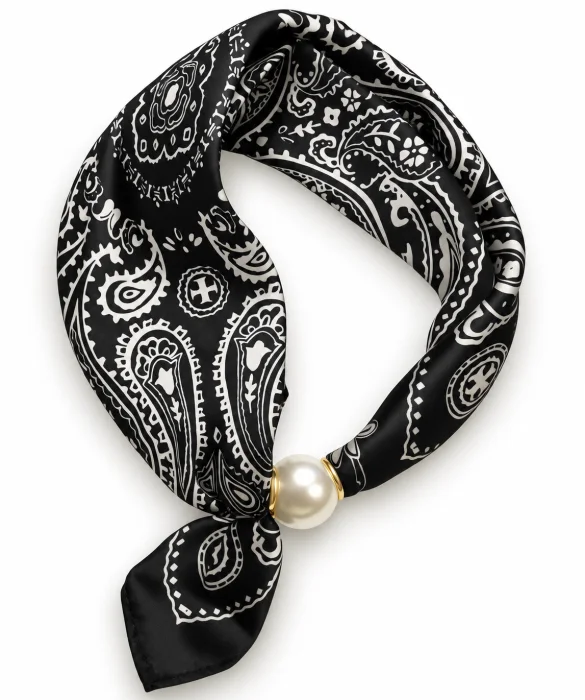 Esarfa colier satinata cu perla decorativa si inchidere magnetica, imprimeu paisley alb cu negru