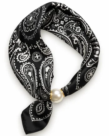 Esarfa colier satinata cu perla decorativa si inchidere magnetica, imprimeu paisley alb cu negru