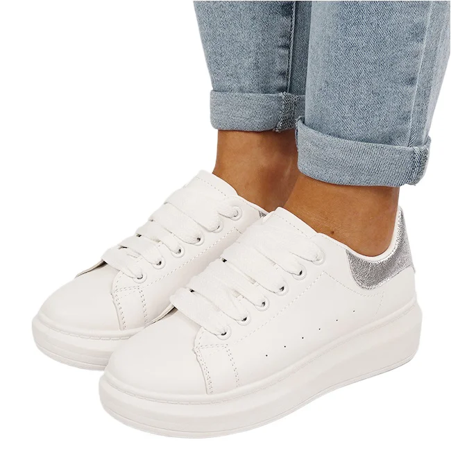 Sneakersi resigilati albi argintii cu talpa groasa M-8826 M0