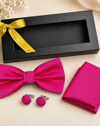 Set 3 piese Elegant pentru barbati, papion, batista si butoni, Fucsia