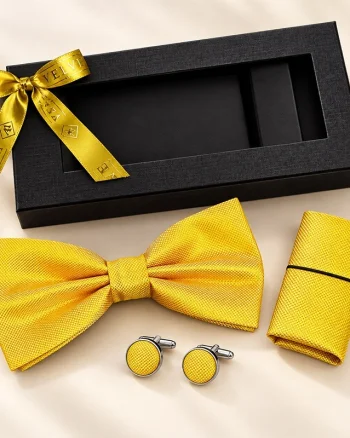 Set 3 piese Elegant pentru barbati, papion, batista si butoni, Galben