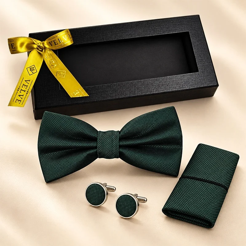Set 3 piese Elegant pentru barbati, papion, batista si butoni, Verde inchis