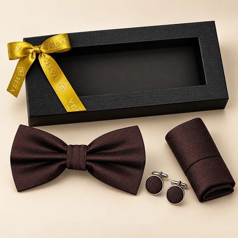 Set 3 piese Elegant pentru barbati, papion, batista si butoni, Maro ciocolatiu