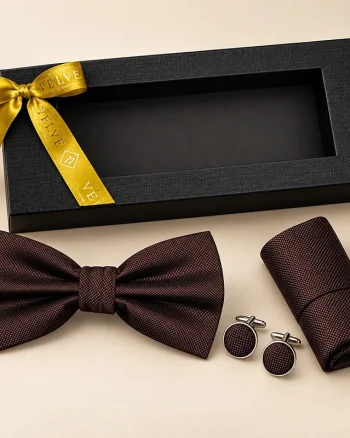 Set 3 piese Elegant pentru barbati, papion, batista si butoni, Maro ciocolatiu