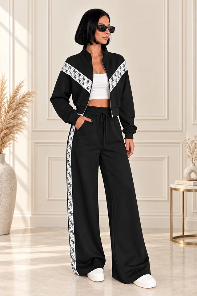 Trening dama Finley, cu hanorac scurt si pantaloni wide leg, Negru