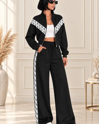 Trening dama Finley, cu hanorac scurt si pantaloni wide leg, Negru