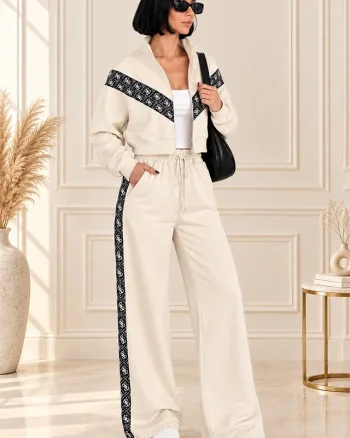 Trening dama Finley, cu hanorac scurt si pantaloni wide leg, Crem