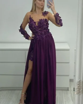 Rochie lunga din voal cu broderie florala 3D