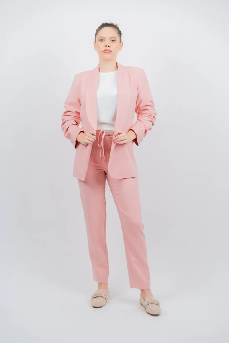 Pantaloni dama casual roz prafuit prevazuti cu elastic si snur la talie