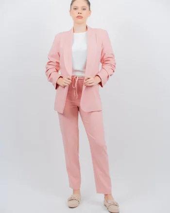 Pantaloni dama casual roz prafuit prevazuti cu elastic si snur la talie