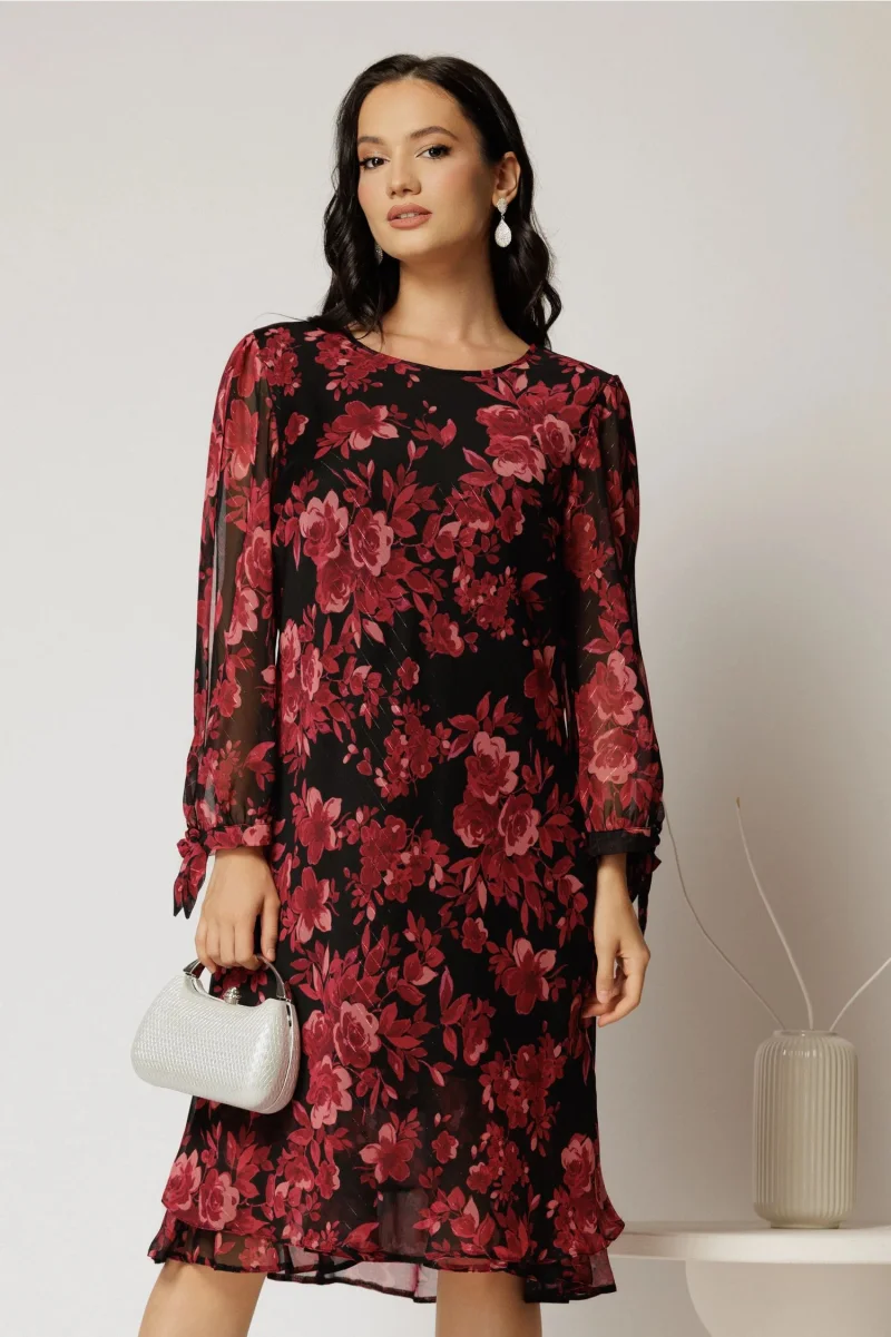 Rochie scurta neagra cu imprimeu grena din voal cu croi drept
