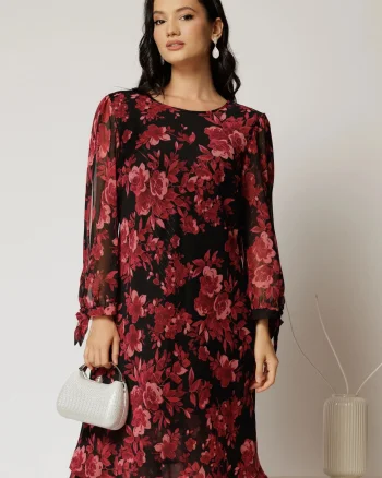 Rochie scurta neagra cu imprimeu grena din voal cu croi drept