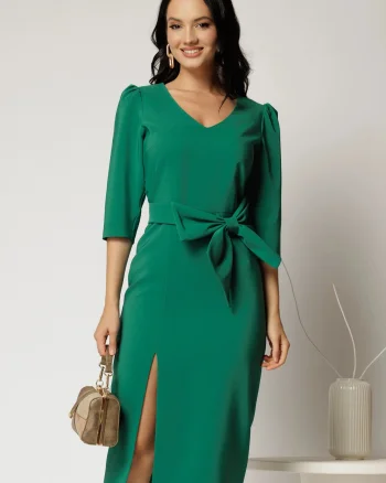 Rochie midi verde conica cu slit si funda ampla detasabila pe talie