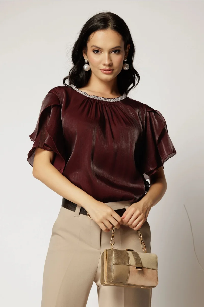 Bluza DY Fashion grena din voal peliculizat cu maneci suprapuse