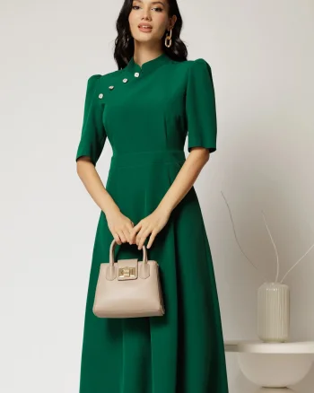 Rochie DY Fashion midi verde cu guler tunica si aplicatii la decolteu
