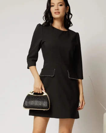 Rochie scurta neagra cu clapete cu aplicatii si croi tip A