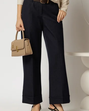 Pantaloni bleumarin office casual cu croi drept si curea