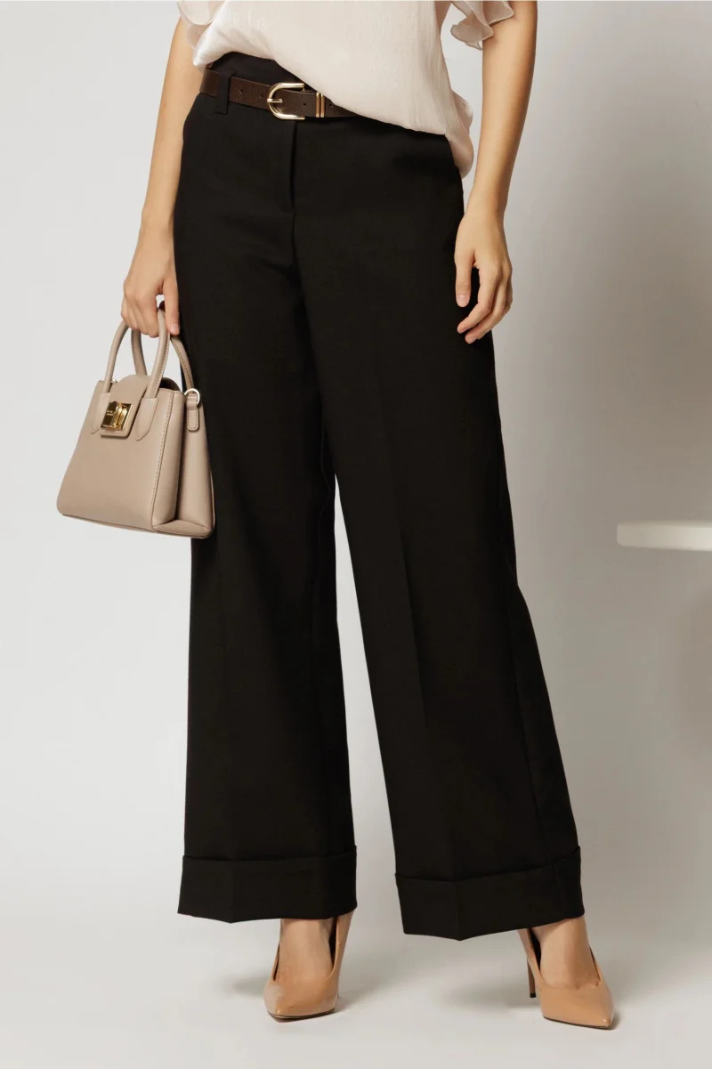 Pantaloni negri office casual cu croi drept si curea