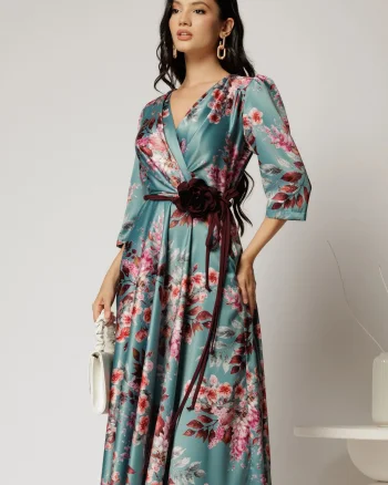 Rochie midi turcoaz cu imprimeu floral si cordon in contrast