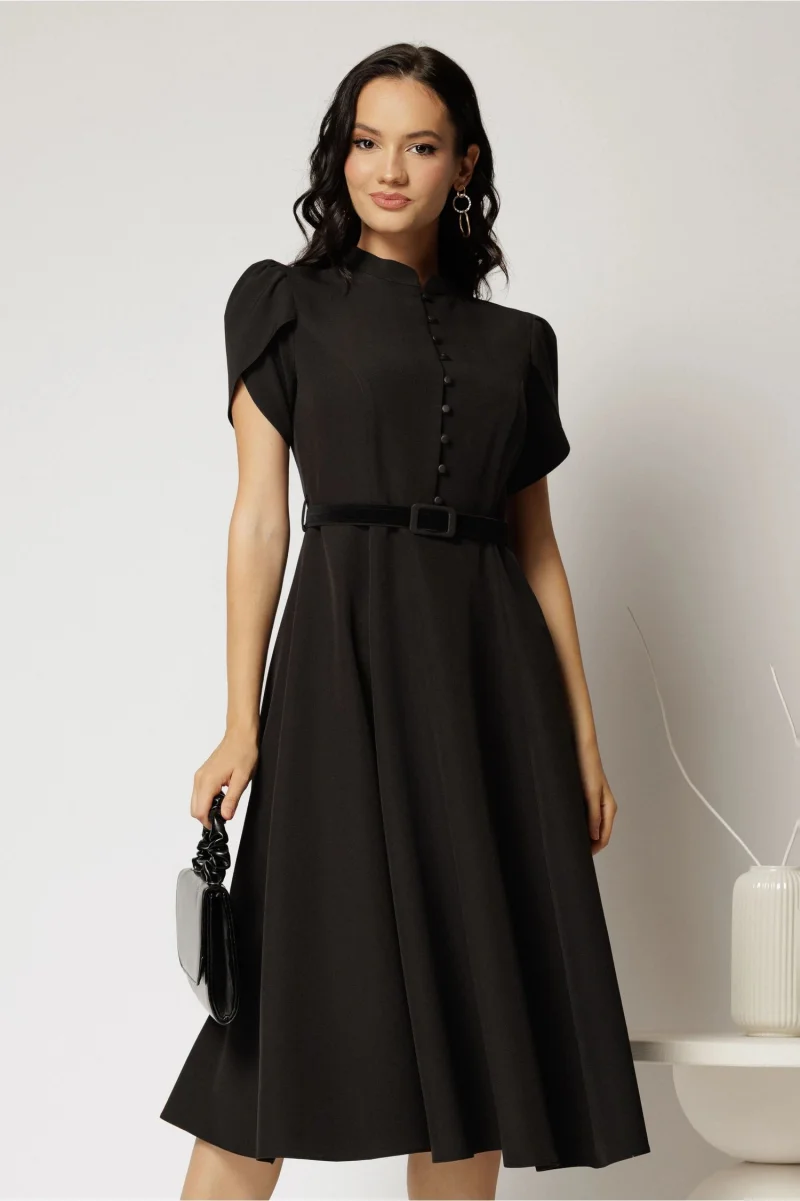 Rochie DY Fashion midi neagra cu nasturi si maneci scurte lalea