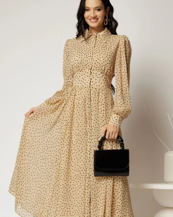 Rochie DY Fashion midi din voal bej cu buline si croi tip camasa