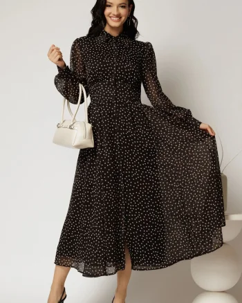 Rochie DY Fashion midi din voal negru cu buline si croi tip camasa