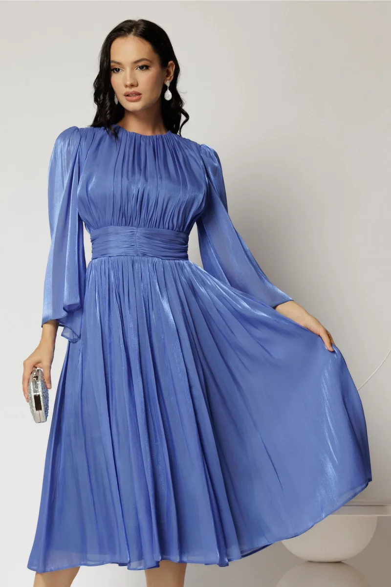 Rochie DY Fashion midi albastra din voal peliculizat cu maneci ample