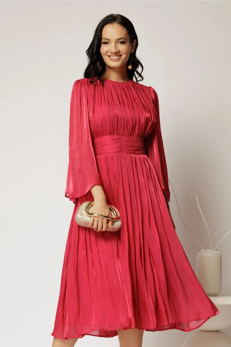 Rochie DY Fashion midi fucsia din voal peliculizat cu maneci ample