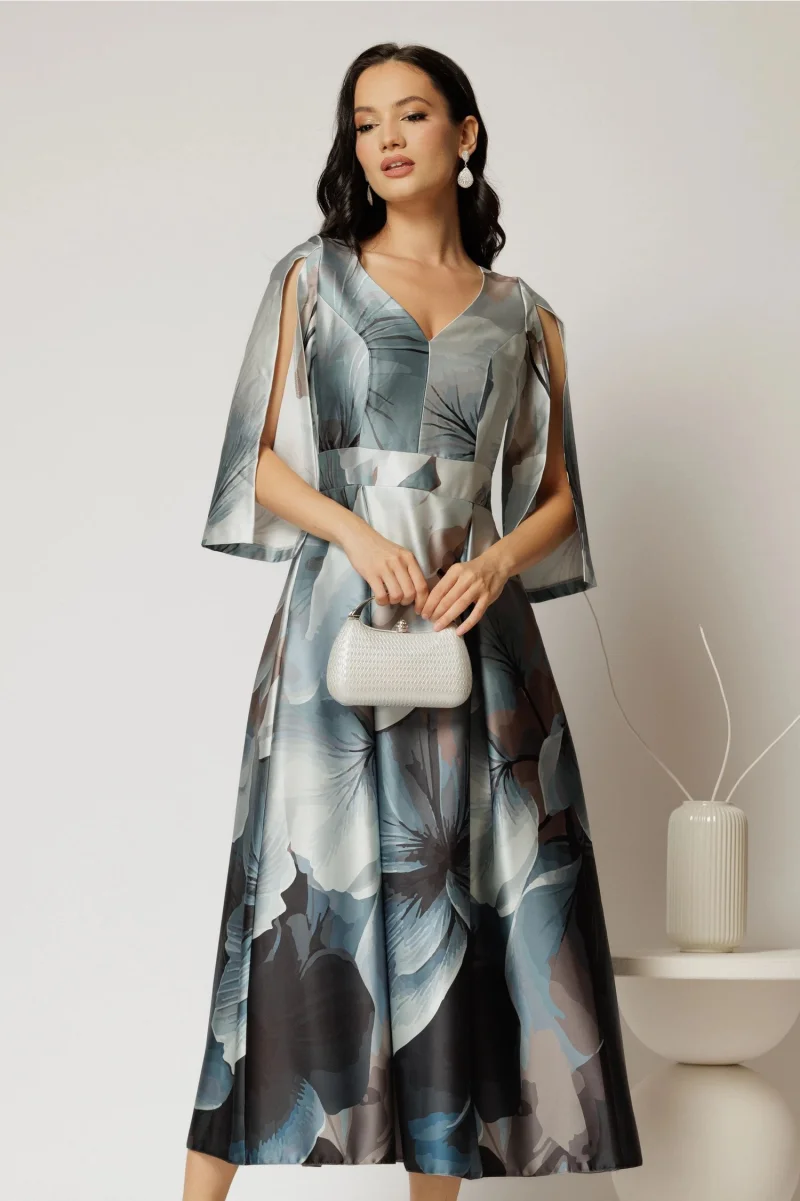 Rochie midi gri satinata cu imprimeu floral bleu