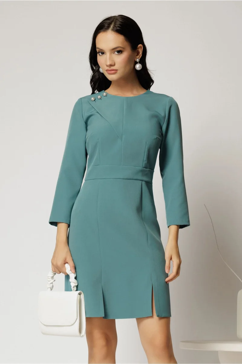 Rochie albastru marin scurta cu nasturi decorativi perlati