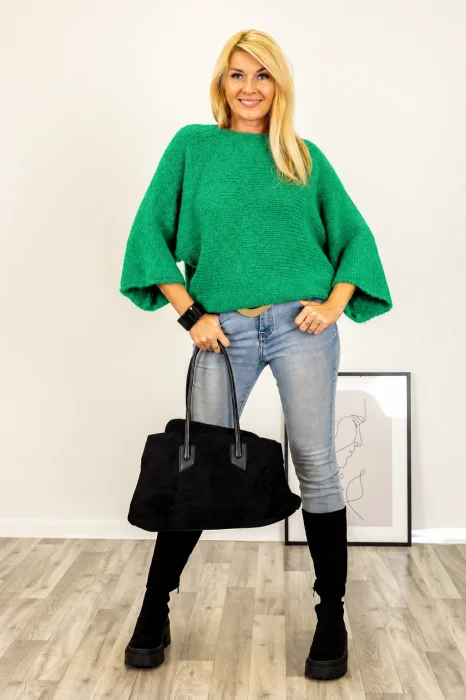 Pulover reversibil verde , oversize cu funda si maneca fluture