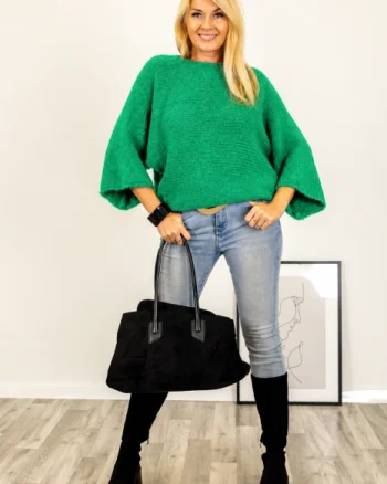 Pulover reversibil verde , oversize cu funda si maneca fluture