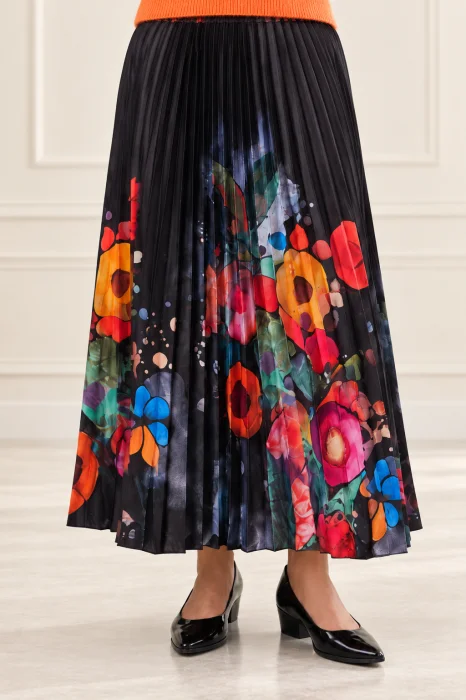 Fusta eleganta neagra, plisata, cu imprimeu floral multicolor