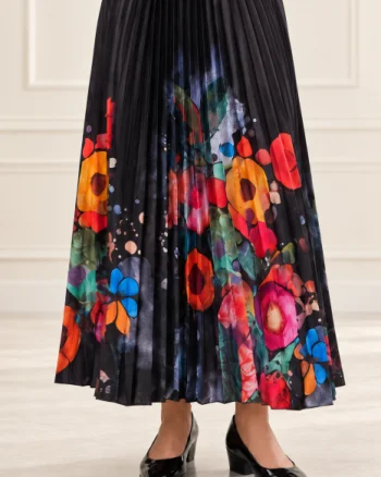 Fusta eleganta neagra, plisata, cu imprimeu floral multicolor