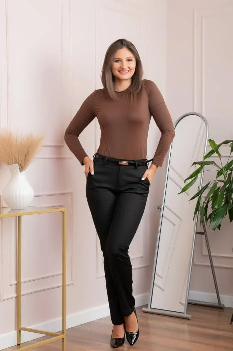 Pantaloni dama negri drepti Donna cu curea si buzunare functionale